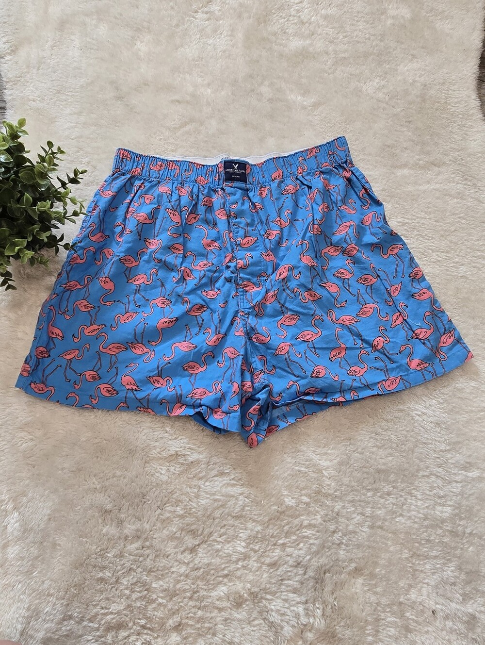 American Eagle Blue & Pink Flamingo Cotton Boxer Shorts, Size Large